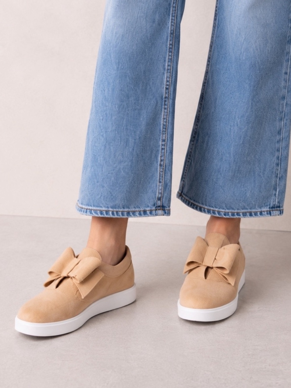 Tan bow suede slip on flat sneakers beige casual everyday